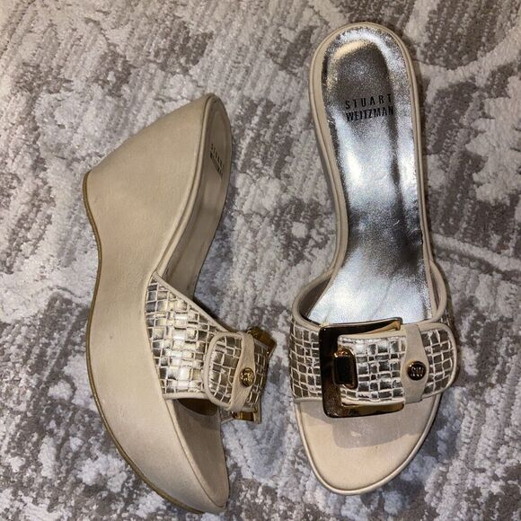 Stuart Weitzman Women Wedge 8.5 Chunky Metallic Gold Silver Clipper Platform - Picture 2 of 10